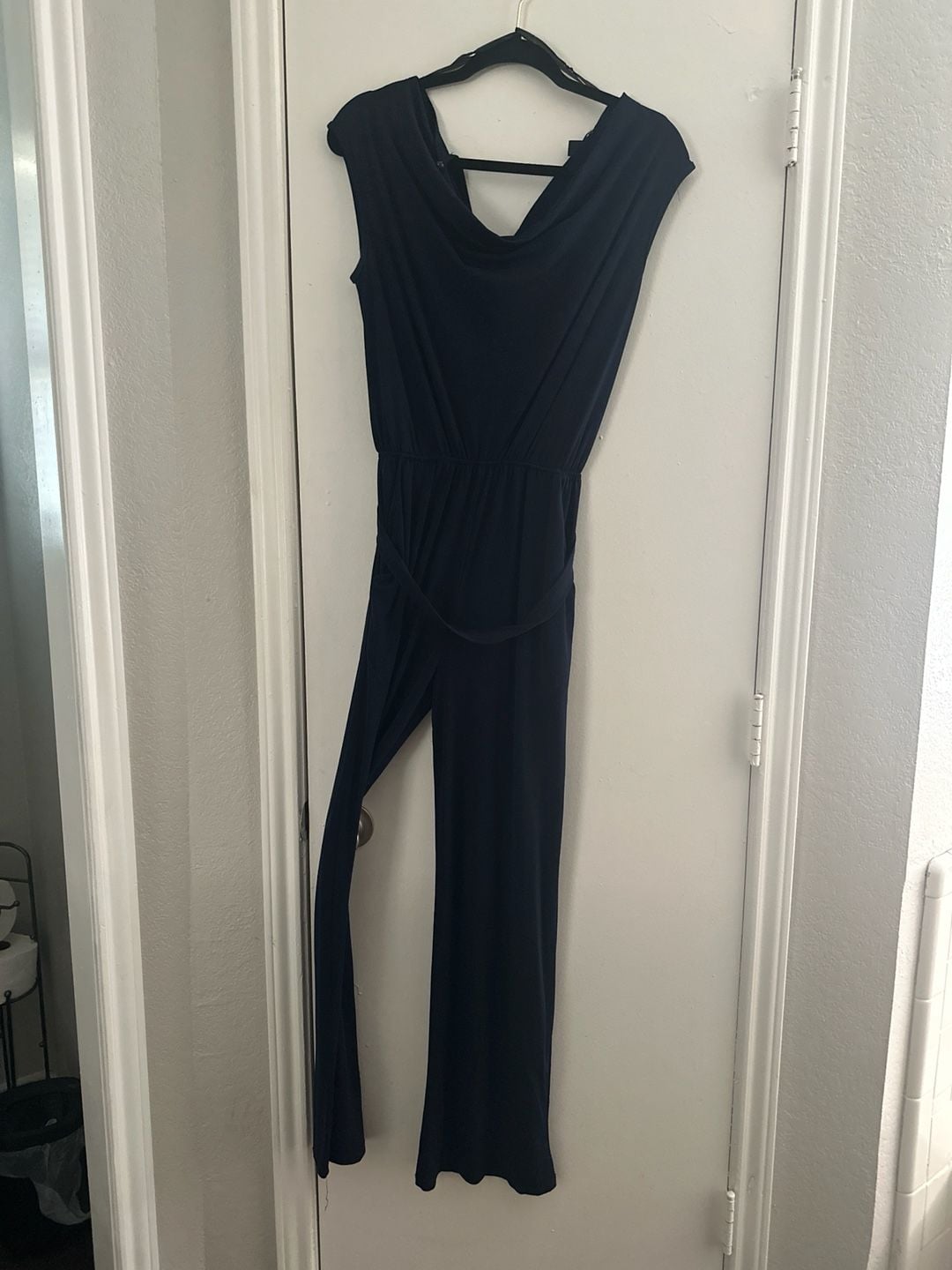 Connected Apparel Women's Navy Blue Cowlneck Sleeveless Jumpsuit with Waist Tie 2