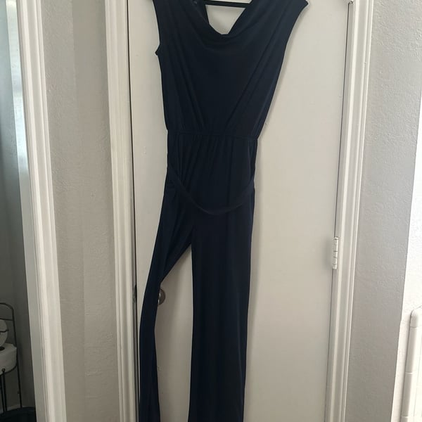 Connected Apparel Women's Navy Blue Cowlneck Sleeveless Jumpsuit with Waist Tie