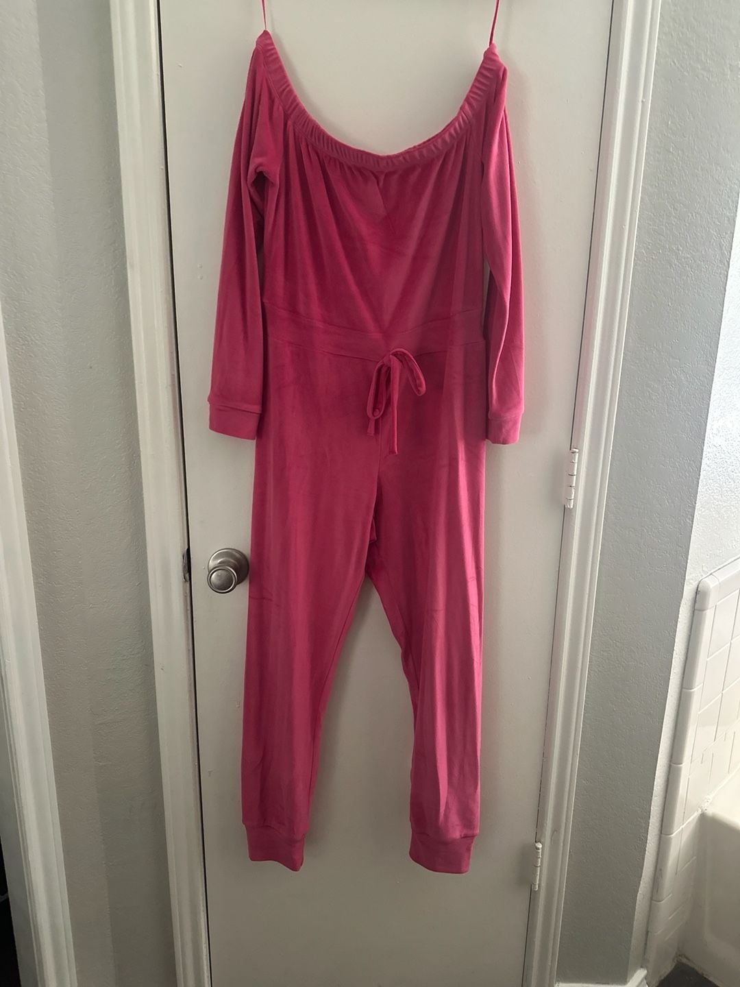 Fashion Nova Hug Me Pink Velour Off-the-Shoulder Long Sleeve Jumpsuit 2