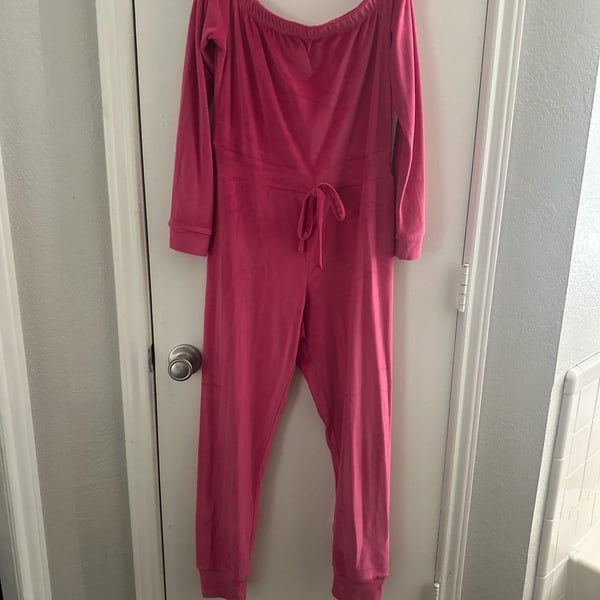 Fashion Nova Hug Me Pink Velour Off-the-Shoulder Long Sleeve Jumpsuit