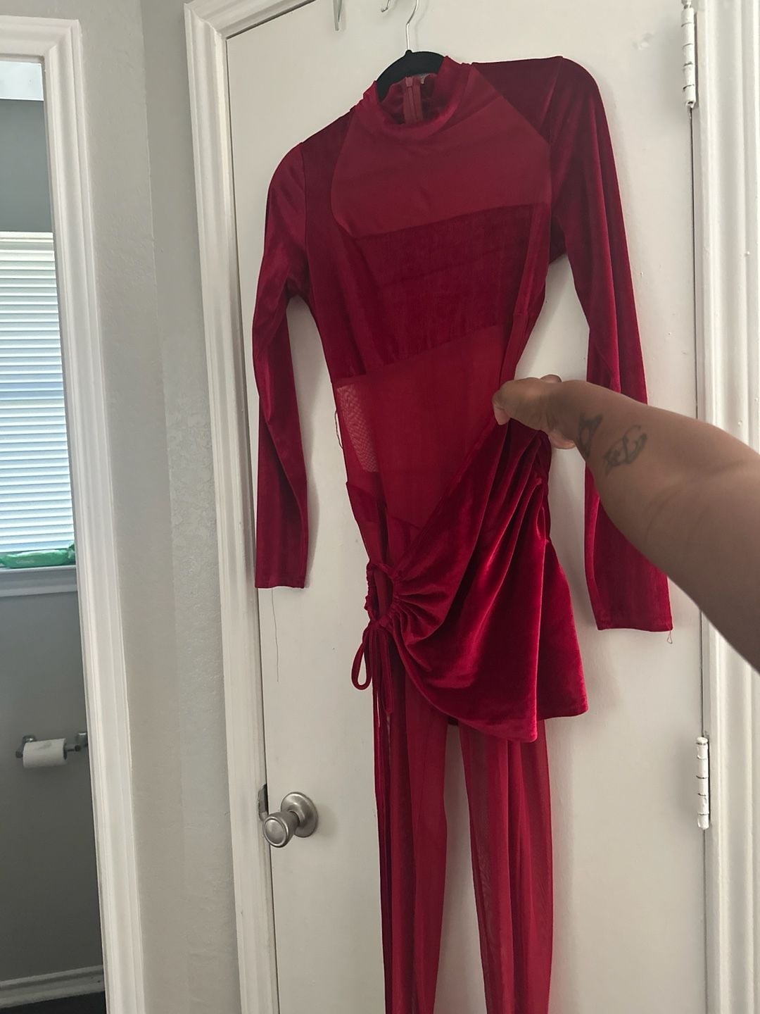 Fashion Nova All Wrapped In Velvet Mesh Patchwork Jumpsuit With Ruched Mini Skirt Set Burgundy 1