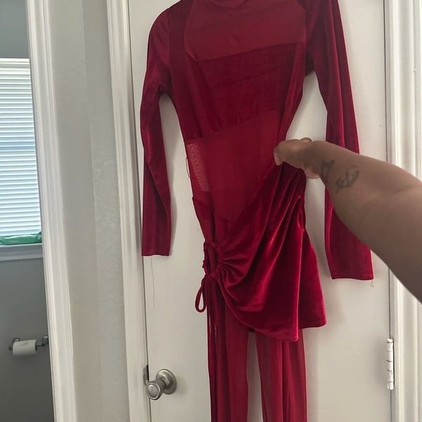 Fashion Nova All Wrapped In Velvet Mesh Patchwork Jumpsuit With Ruched Mini Skirt Set Burgundy