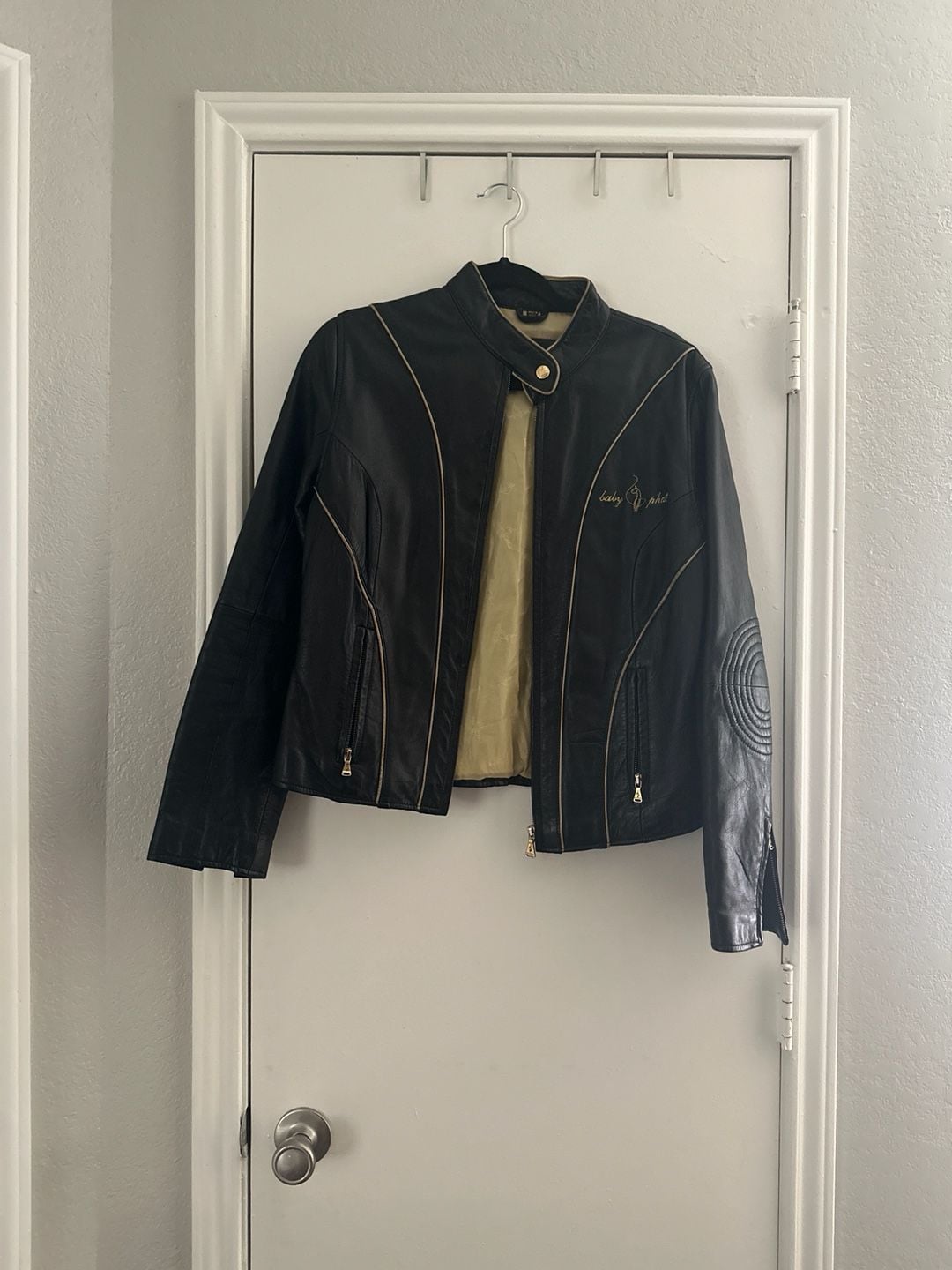 Vintage Baby Phat Genuine Black Leather Moto Biker Jacket with Gold Piping and Logo 2