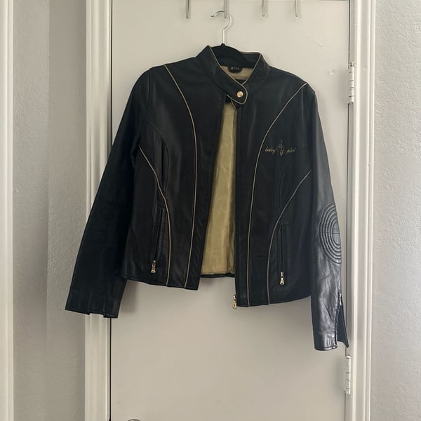 Vintage Baby Phat Genuine Black Leather Moto Biker Jacket with Gold Piping and Logo