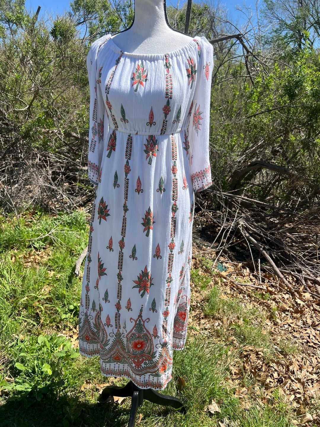Lapogee Boho Off-The-Shoulder Floral Border Print Maxi Dress 2