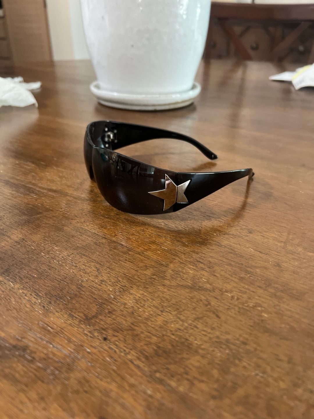 Classic Elegant Modern Contemporary Wrap Shield SUNGLASSES Dark Lens Silver Star 3