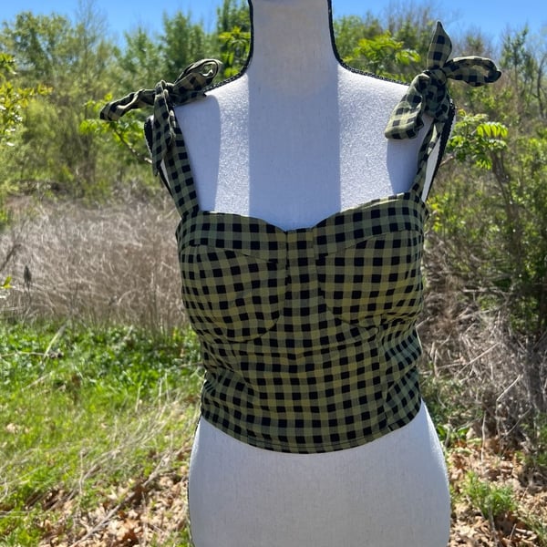 Rabbit Rose Green and Black Gingham Plaid Corset Style Crop Top