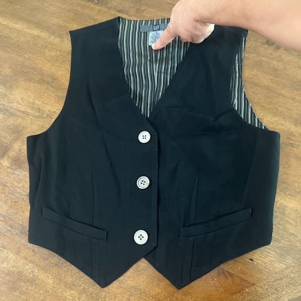 Vintage GAP Women's Black Button Front Waistcoat Vest with Pinstripe Lining