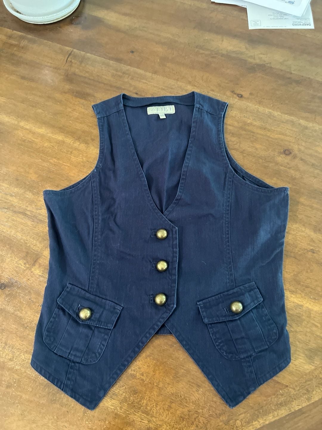 Alibi Navy Blue Denim Vest with Antique Gold Buttons and Cargo Pockets 2
