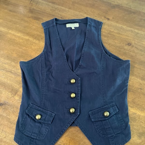 Alibi Navy Blue Denim Vest with Antique Gold Buttons and Cargo Pockets
