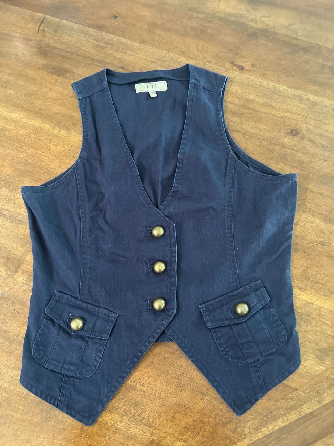 Alibi Navy Blue Denim Vest with Antique Gold Buttons and Cargo Pockets 3