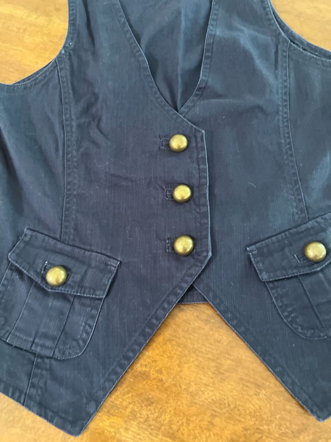 Alibi Navy Blue Denim Vest with Antique Gold Buttons and Cargo Pockets 4