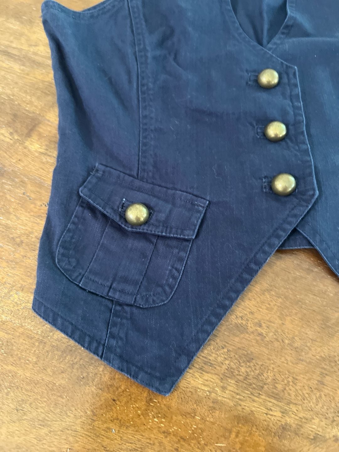 Alibi Navy Blue Denim Vest with Antique Gold Buttons and Cargo Pockets 5