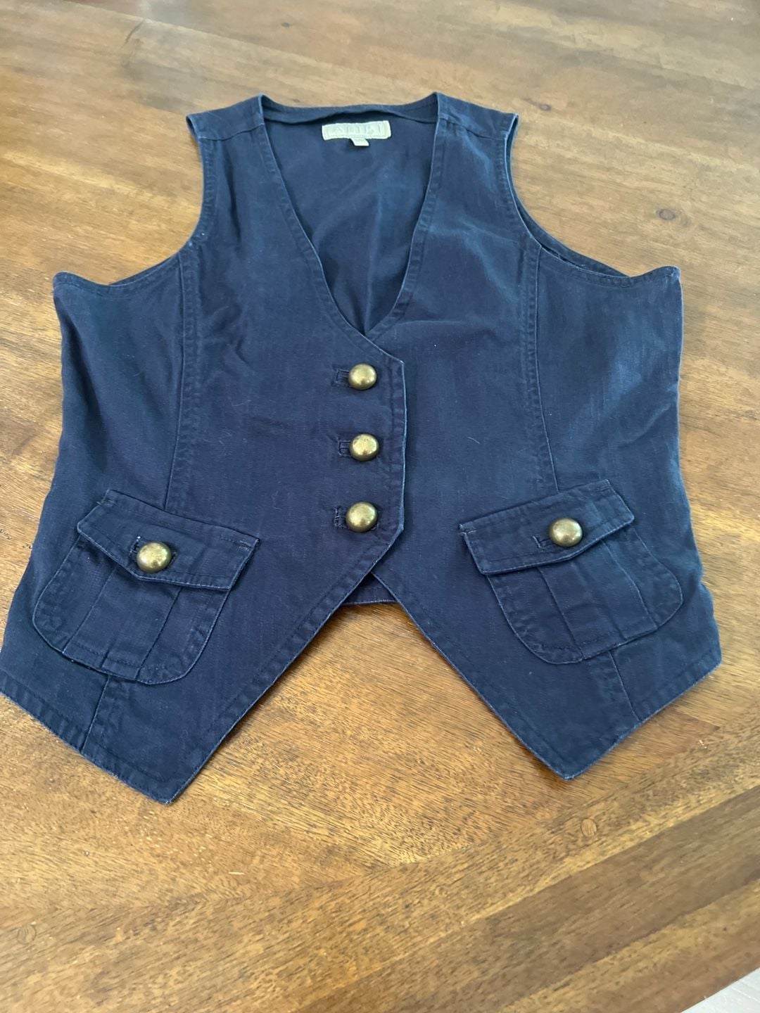 Alibi Navy Blue Denim Vest with Antique Gold Buttons and Cargo Pockets 6