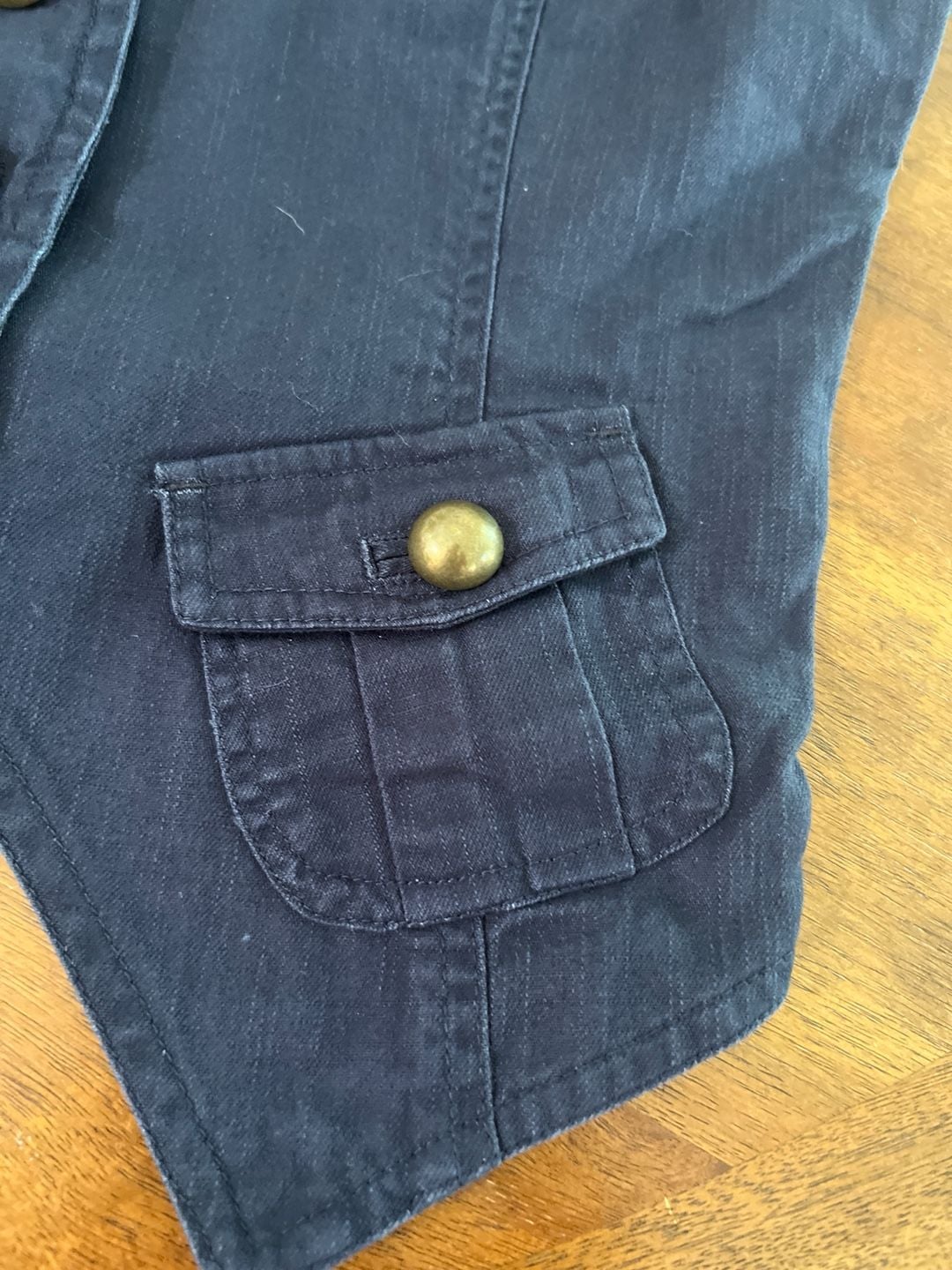 Alibi Navy Blue Denim Vest with Antique Gold Buttons and Cargo Pockets 7