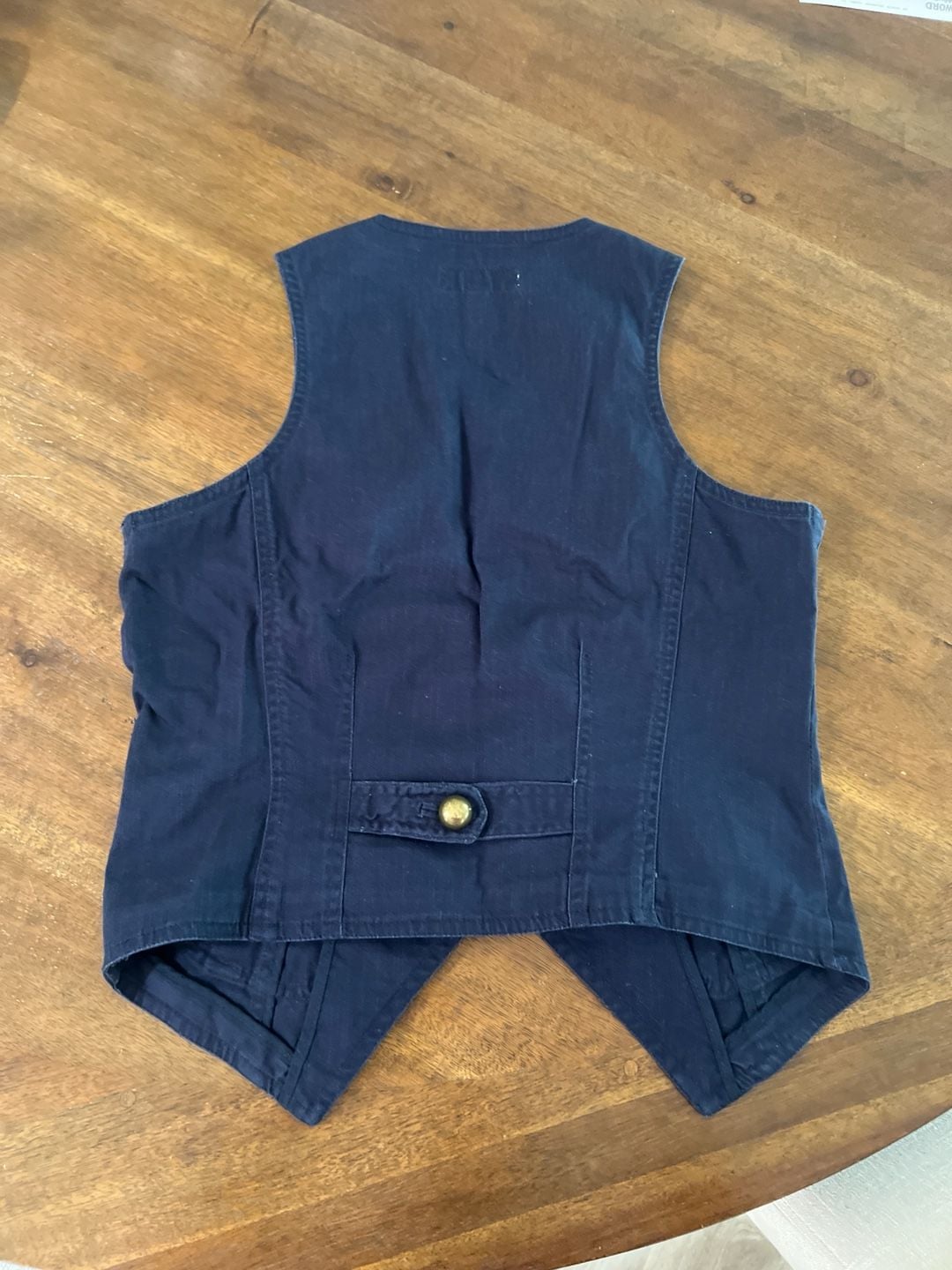 Alibi Navy Blue Denim Vest with Antique Gold Buttons and Cargo Pockets 9