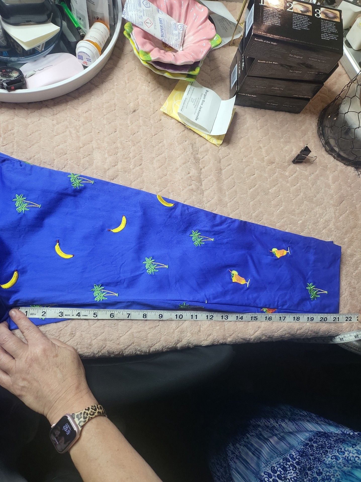 Loudmouth Golf Ladies Blue Embroidered Capri Pants Banana Palm Tree Cocktail 8