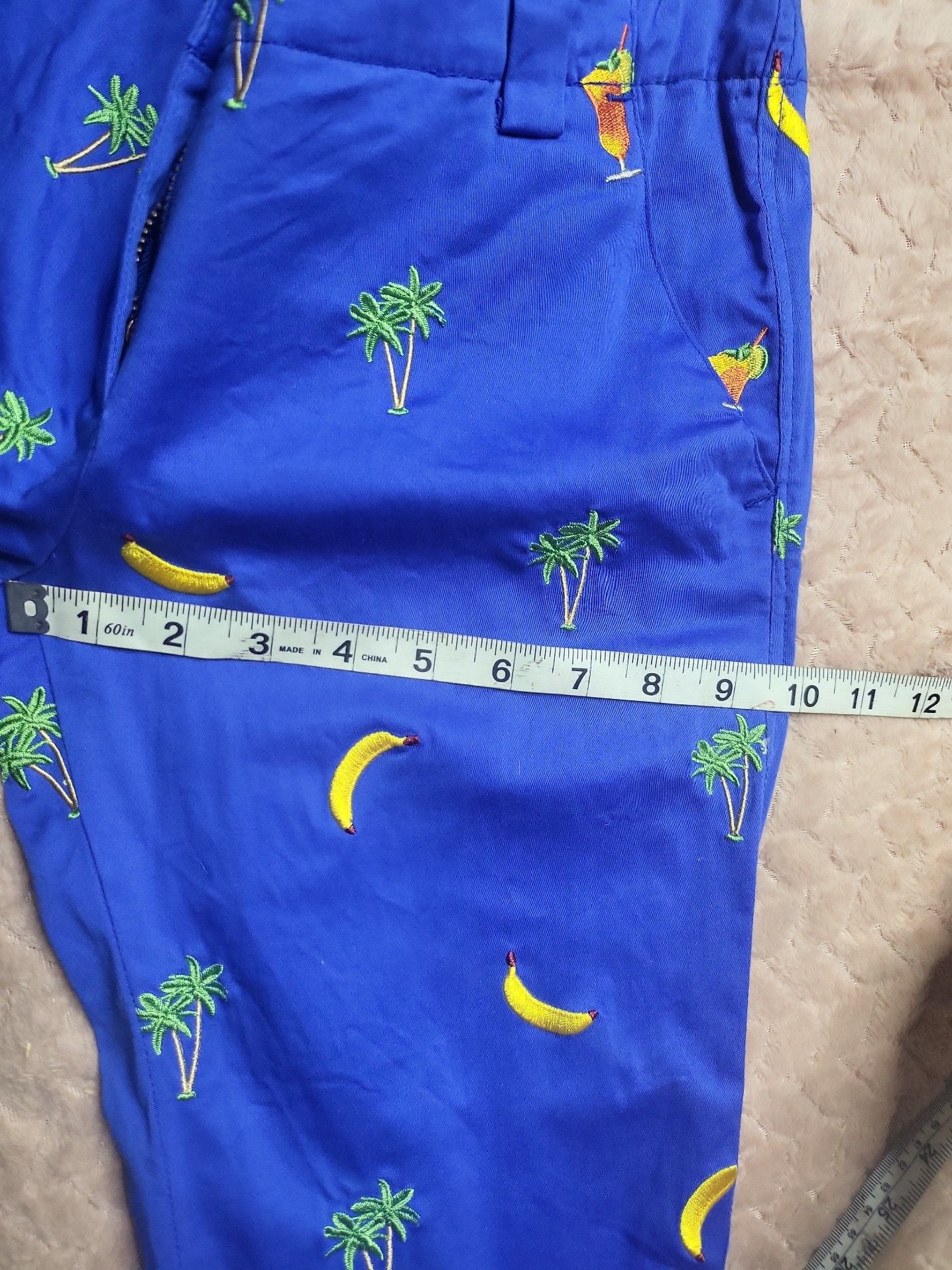 Loudmouth Golf Ladies Blue Embroidered Capri Pants Banana Palm Tree Cocktail 9