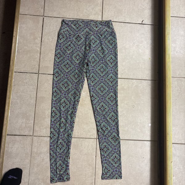 LuLaRoe One Size OS Leggings Green Purple Tribal Geometric Medallion Print