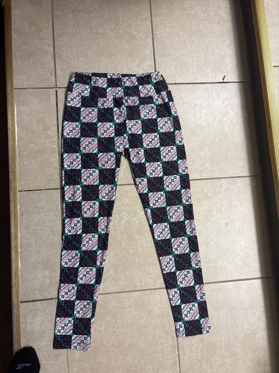 LuLaRoe One Size (OS) Leggings Black and White Geometric Patchwork Pattern 2