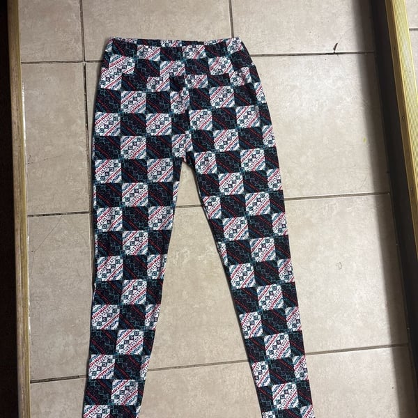 LuLaRoe One Size (OS) Leggings Black and White Geometric Patchwork Pattern