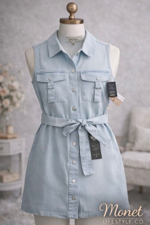 Love Culture Sleeveless Light Wash Denim Belted Mini Shirt Dress 2