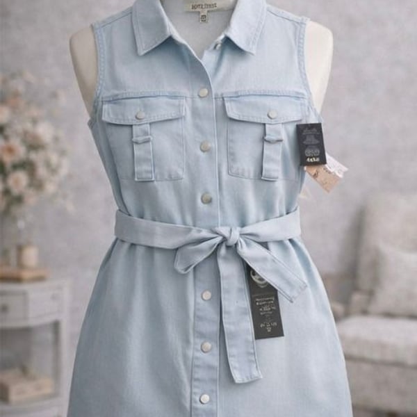 Love Culture Sleeveless Light Wash Denim Belted Mini Shirt Dress
