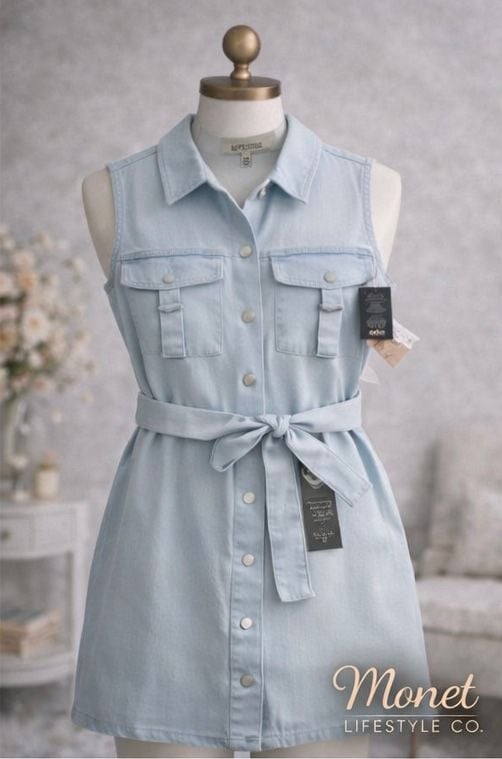 Love Culture Sleeveless Light Wash Denim Belted Mini Shirt Dress 3