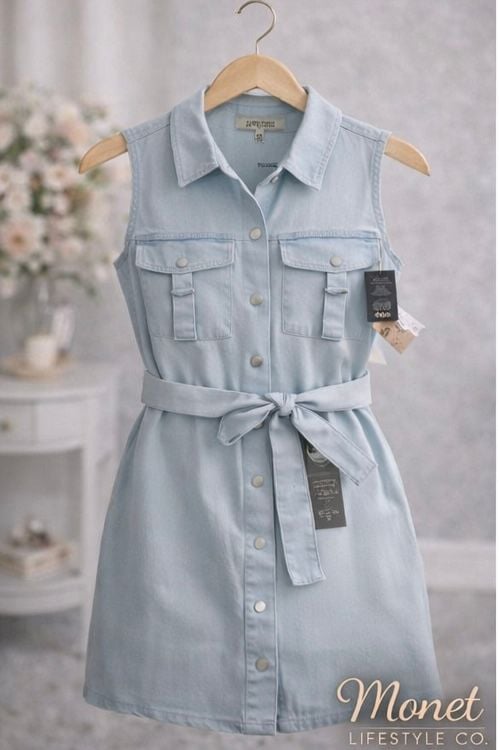 Love Culture Sleeveless Light Wash Denim Belted Mini Shirt Dress 4