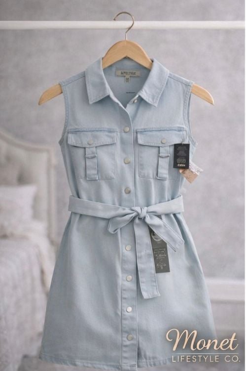Love Culture Sleeveless Light Wash Denim Belted Mini Shirt Dress 5