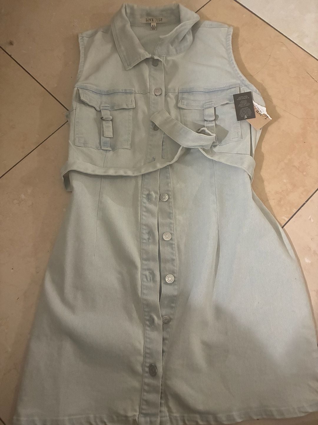 Love Culture Sleeveless Light Wash Denim Belted Mini Shirt Dress 6