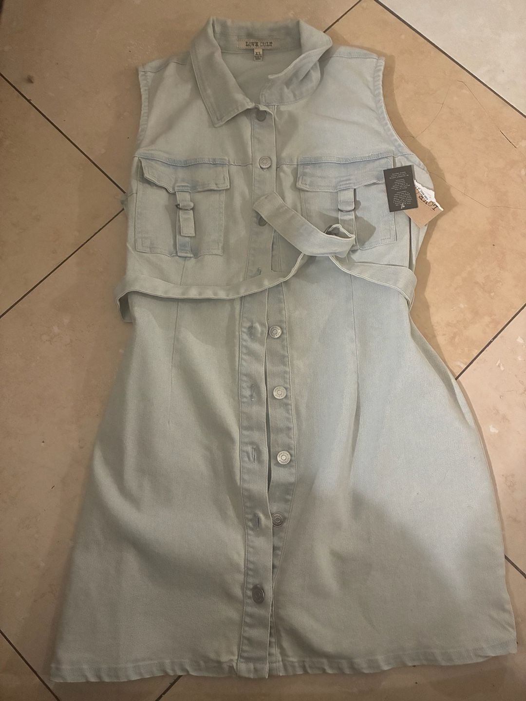Love Culture Sleeveless Light Wash Denim Belted Mini Shirt Dress 7