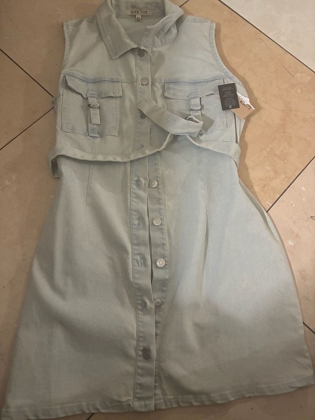 Love Culture Sleeveless Light Wash Denim Belted Mini Shirt Dress 8