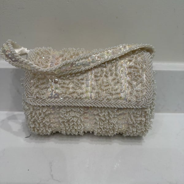 Vintage Star Brand Iridescent Pearl and Sequin Beaded Evening Clutch Bag