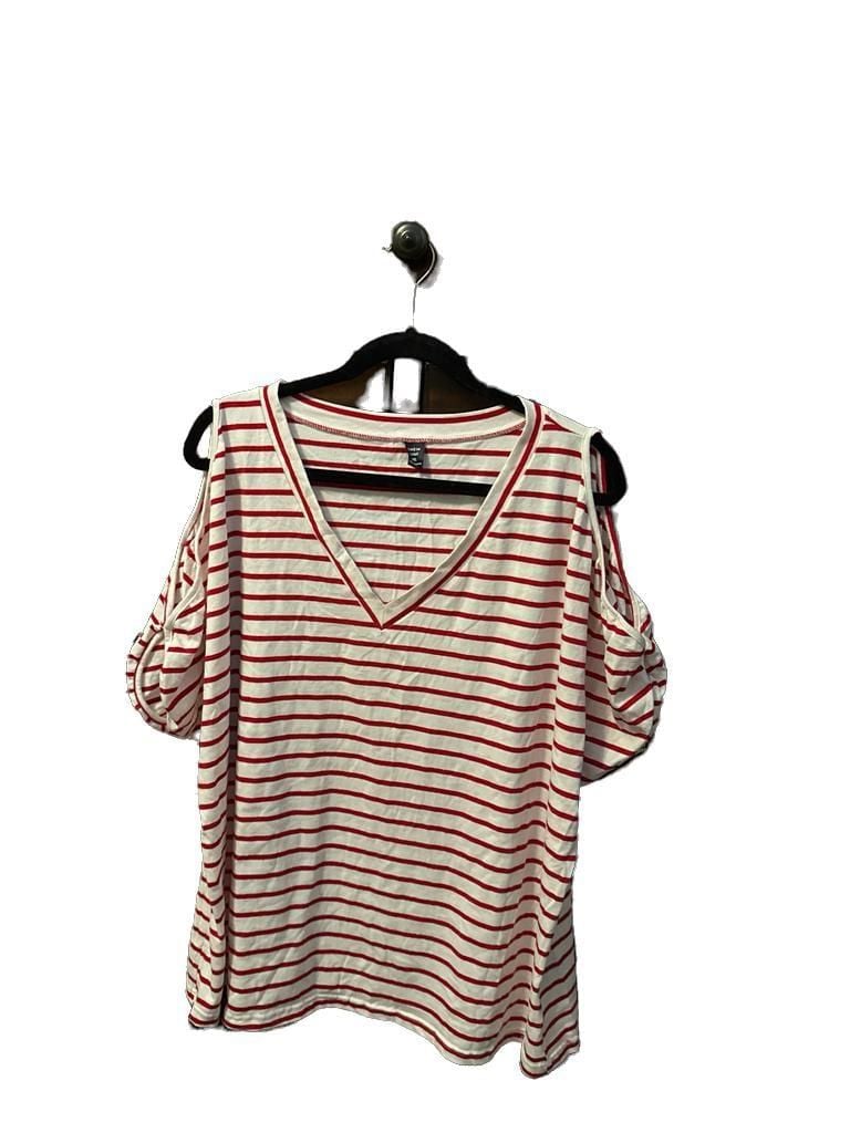 SHEIN Curve Red and White Striped Cold Shoulder V-Neck Tee 3XL 2