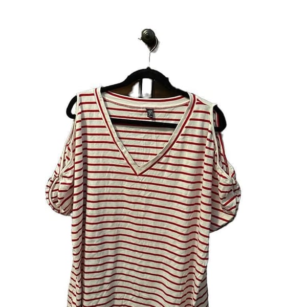SHEIN Curve Red and White Striped Cold Shoulder V-Neck Tee 3XL