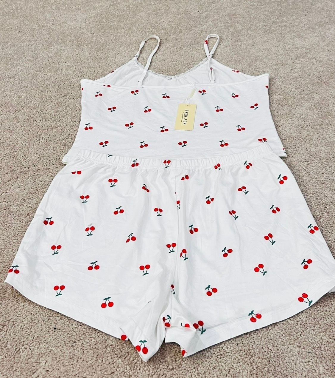 Ekouaer Women's Cherry Print Pajama Set Lace Trim Cami and Shorts 2 Piece Sleepwear 2