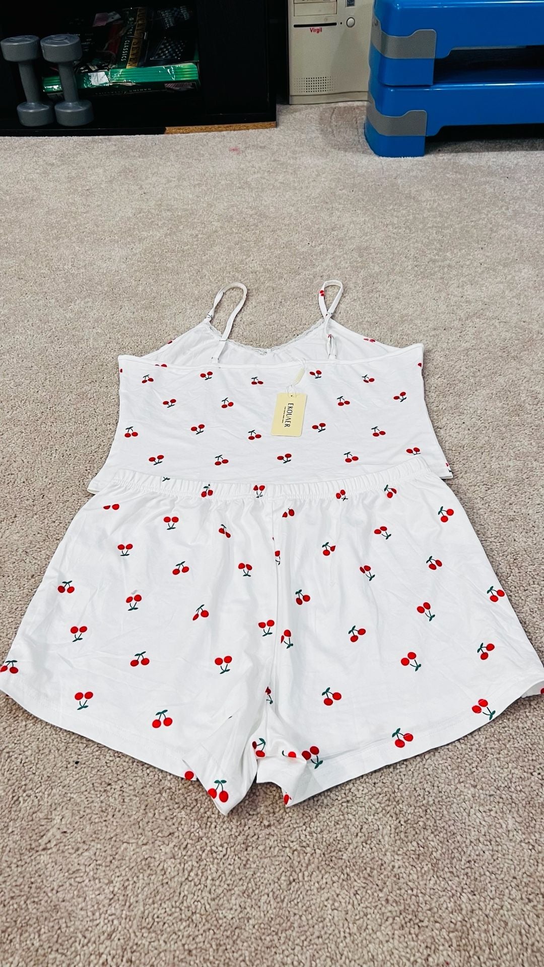 Ekouaer Women's Cherry Print Pajama Set Lace Trim Cami and Shorts 2 Piece Sleepwear 5