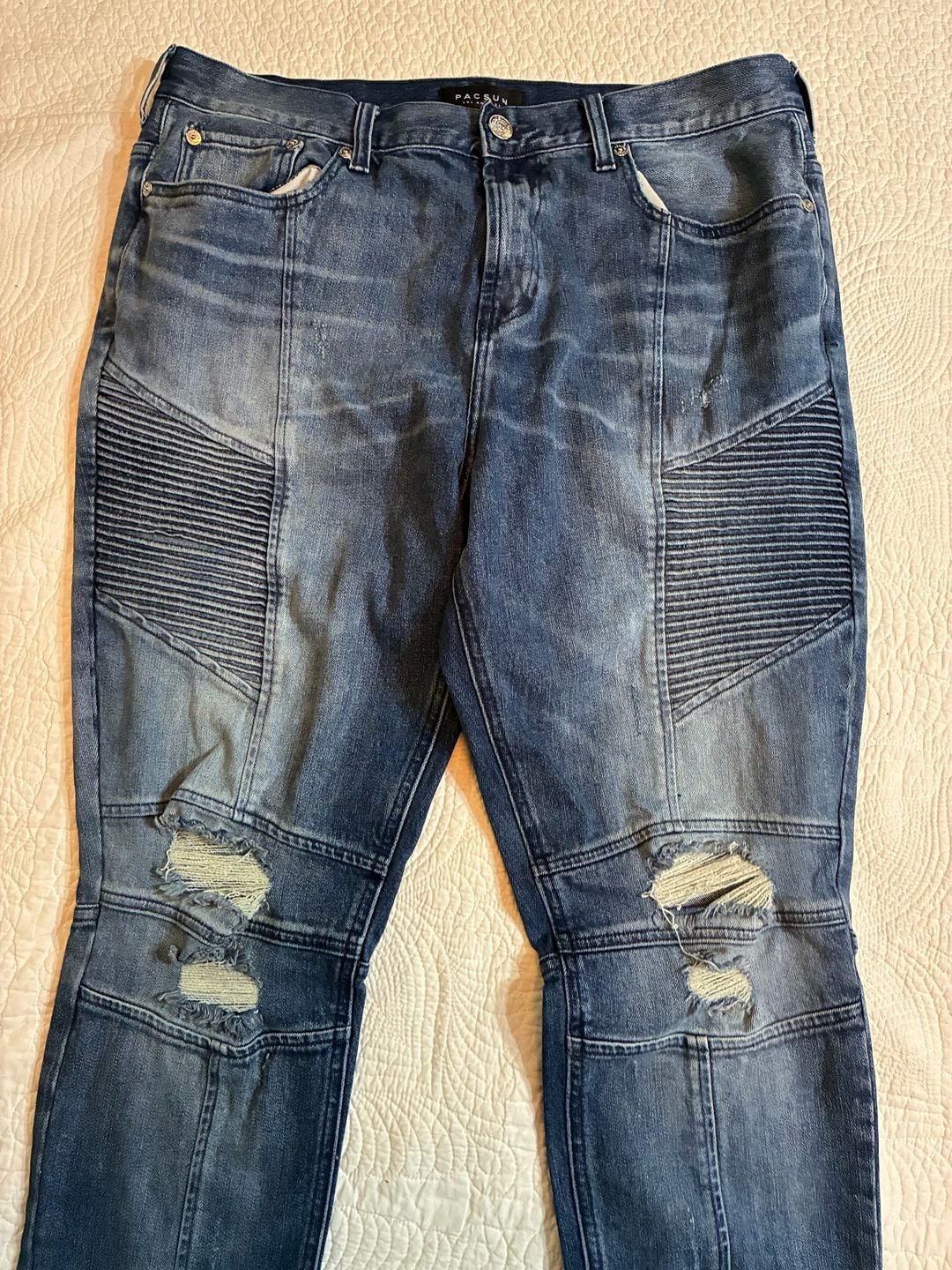 PacSun Stacked Skinny Comfort Stretch Blue Distressed Moto Biker Jeans 36x32 13