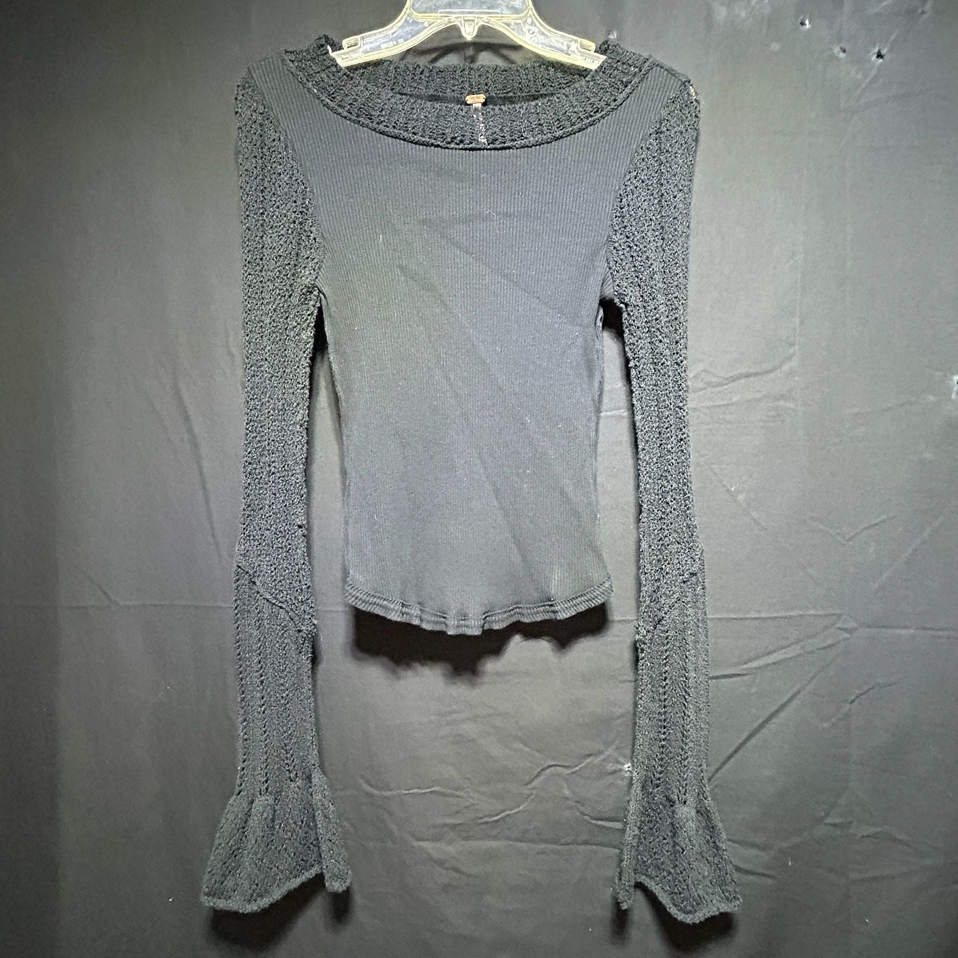Boho Grunge Free People Sand Castle Ribbed Mixed Knit Bell Sleeve Top 2