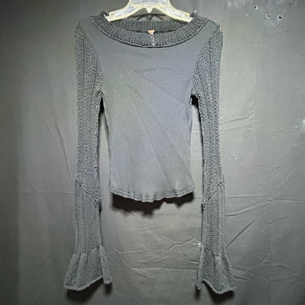 Boho Grunge Free People Sand Castle Ribbed Mixed Knit Bell Sleeve Top