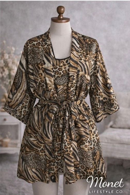 Secret Treasures Mixed Animal Print Satin Chemise and Robe 2-Piece Sleep Set 1
