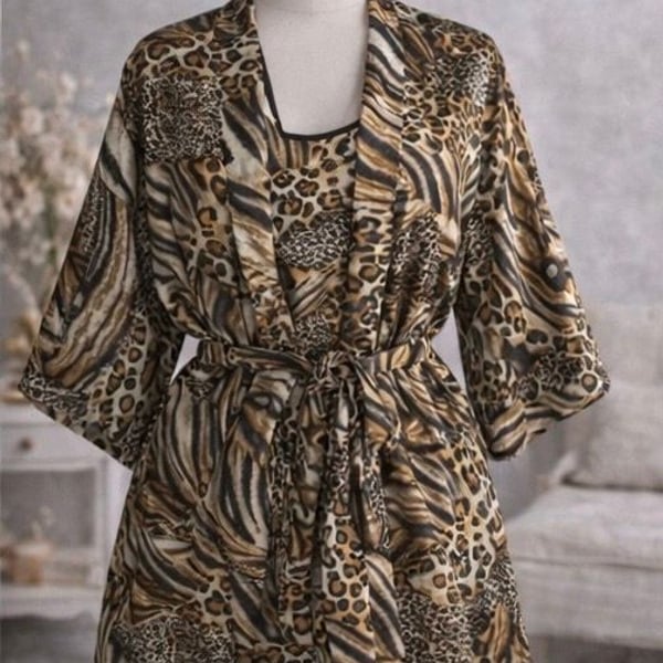 Secret Treasures Mixed Animal Print Satin Chemise and Robe 2-Piece Sleep Set