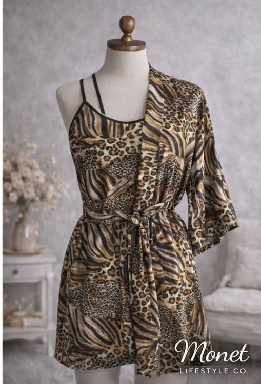 Secret Treasures Mixed Animal Print Satin Chemise and Robe 2-Piece Sleep Set 2
