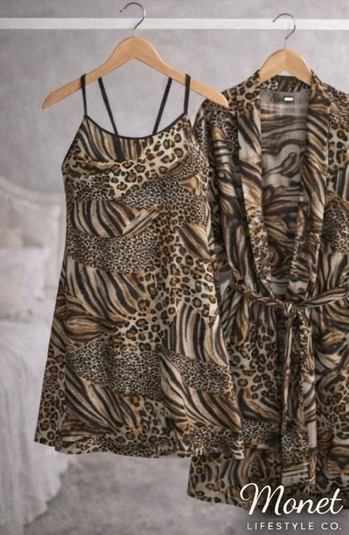 Secret Treasures Mixed Animal Print Satin Chemise and Robe 2-Piece Sleep Set 3