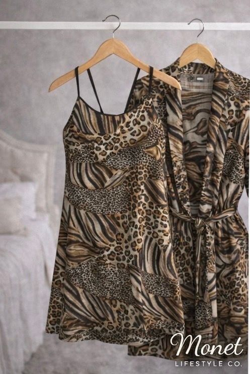 Secret Treasures Mixed Animal Print Satin Chemise and Robe 2-Piece Sleep Set 11