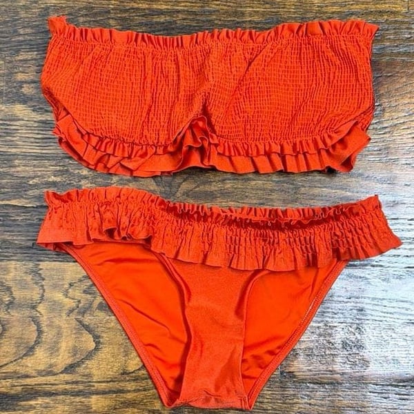Chelsea & Violet Orange Smocked Ruffle Bandeau Bikini Set