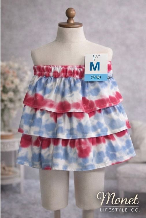 Girls Patriotic Red White and Blue Tie Dye Tiered Ruffle Skirt 3