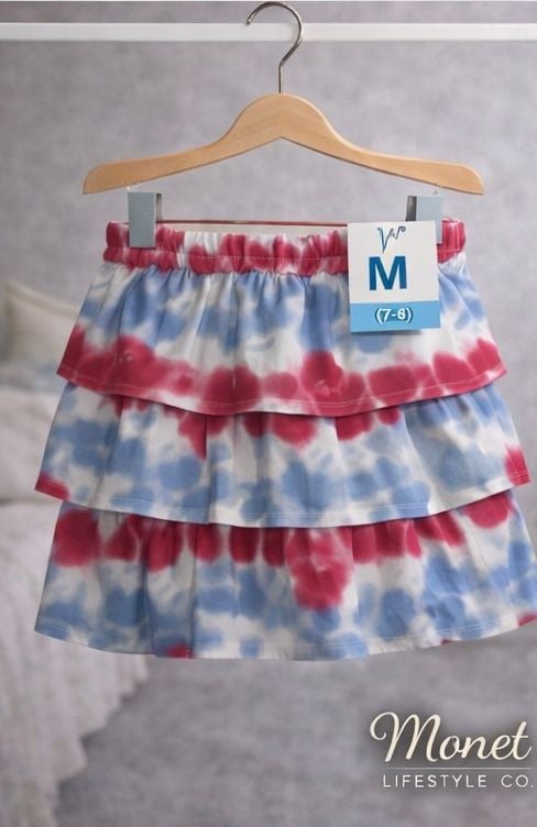 Girls Patriotic Red White and Blue Tie Dye Tiered Ruffle Skirt 4