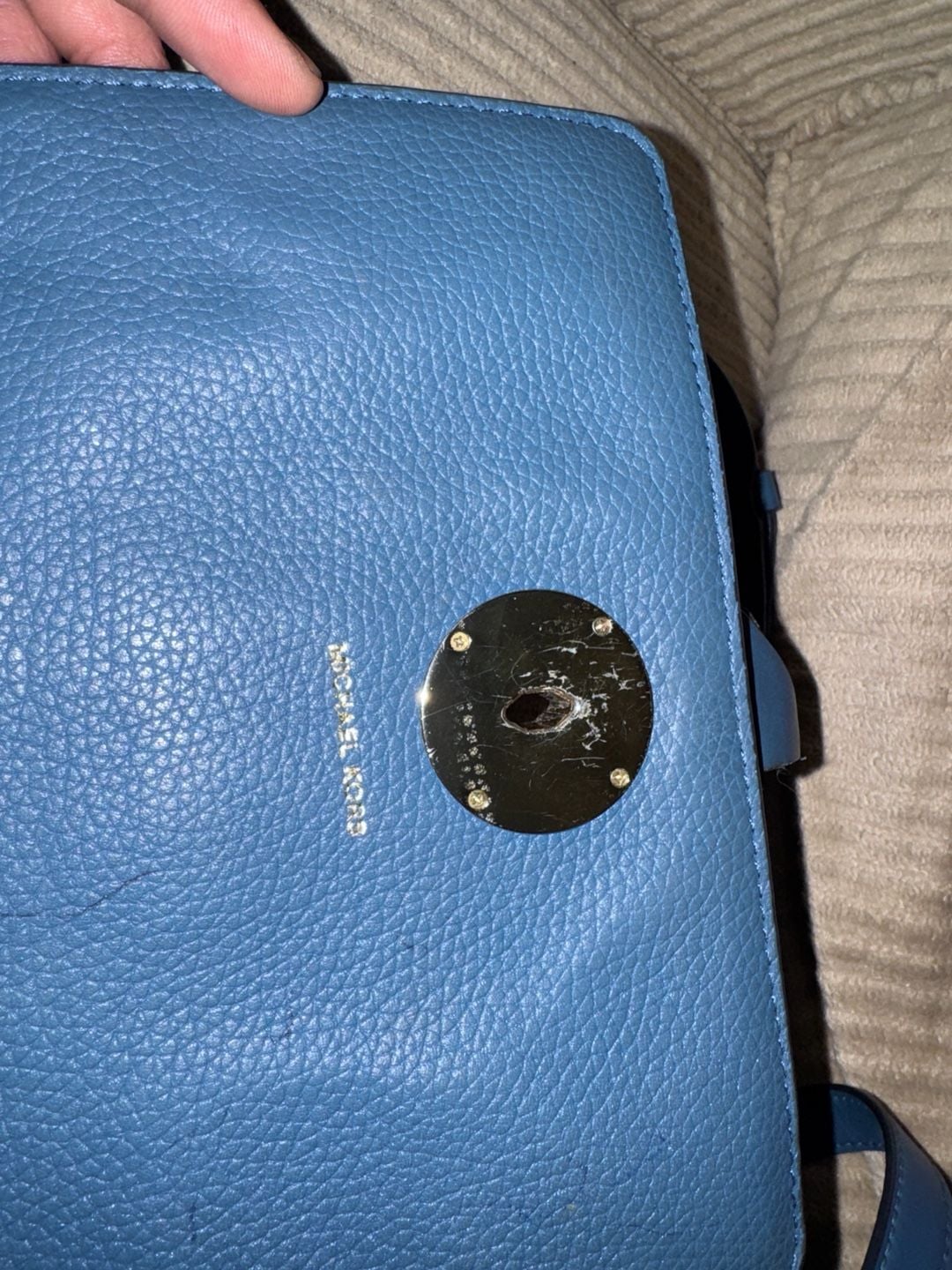 Pre-Loved! MICHAEL KORS Triple Gusset Crossbody leather bag dark chambray gold 4